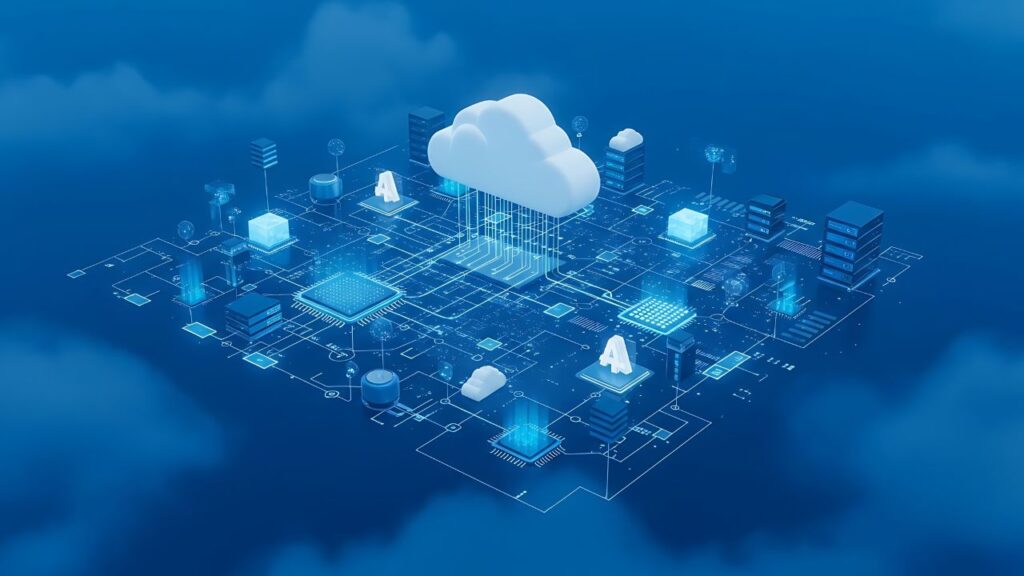 Renderização isométrica 3D de um microchip complexo em tons de azul brilhante, flutuando em um céu nublado azul. Vários componentes como servidores de rack em miniatura, blocos de CPU e pequenos nós estão conectados por caminhos de luz a uma grande nuvem branca flutuante central, rotulada com ícones de dados.