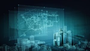 Desenho técnico de uma planta arquitetônica em tons de azul brilhante sobreposto a uma maquete digital de uma cidade moderna com arranha-céus.