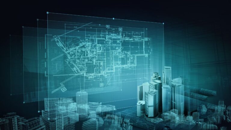 Desenho técnico de uma planta arquitetônica em tons de azul brilhante sobreposto a uma maquete digital de uma cidade moderna com arranha-céus.