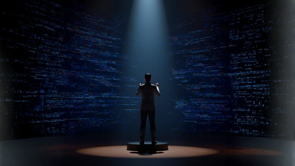 Vista traseira de um homem em um palco escuro, agindo como um maestro sob um refletor, diante de grandes painéis curvos repletos de linhas de código azul brilhantes, simulando a orquestração de dados.